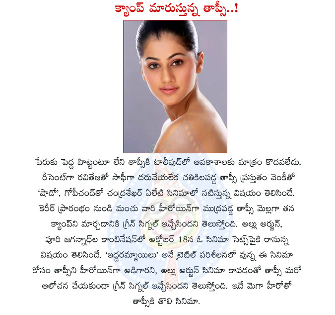 tapsi,mega camp,manchu heroine,manchu heroine jumps to mega camp,tapsi with allu arjun,tasee in puri jagannath movie,puri and bunny iddaru ammayilu movie,tapsee acted with mega hero,tapsee hot,tapsee jhalaks to manchu family,manchu stamp heroine tapsee  tapsi, mega camp, manchu heroine, manchu heroine jumps to mega camp, tapsi with allu arjun, tasee in puri jagannath movie, puri and bunny iddaru ammayilu movie, tapsee acted with mega hero, tapsee hot, tapsee jhalaks to manchu family, manchu stamp heroine tapsee